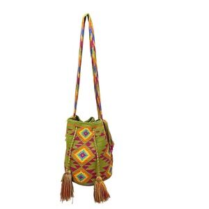 Handwoven Wayuu Style Mochila Bag Aztec Diamond Geometric Tassel Shoulder Bag